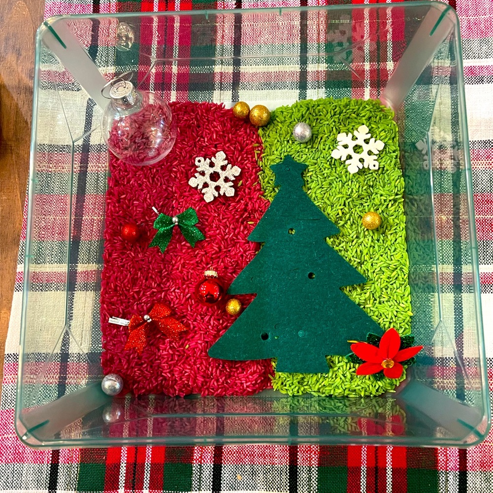 Sensory Bin- Christmas ornament and tree decorating